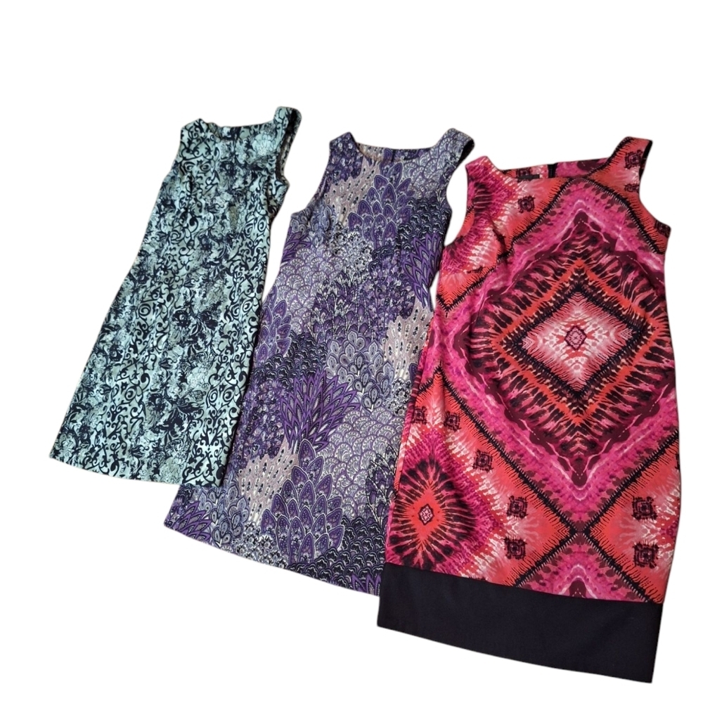 3 Bundle Sleeveless Dresses Ladies Size 8 Abstract Colorful Office Wardrobe Midi